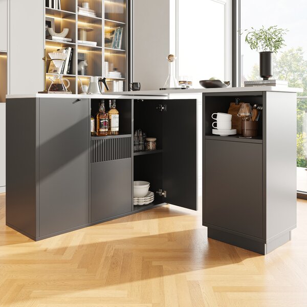 Kitchen Island with Marble-Effect Worktop, Storage Compartments, 360° Swivel Bar Table for Kitchen/Living Room, 198.5x30x72.5 cm, Black Aosom UK