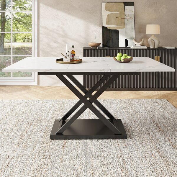 Extendable Dining Table with Marble MDF Top, Crossed Iron Legs, Telescopic Table of Space-Saving Design, Ideal for Kitchen, Dining Room, White Aosom UK