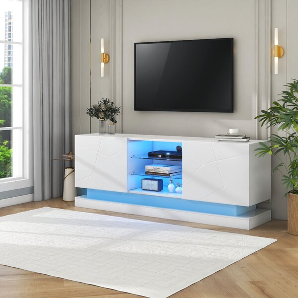Modern High Gloss TV Cabinet Stand with Smart LED Lighting, Tempered Glass Shelves, Particle Board Entertainment Centre for 70" TV, White Aosom UK