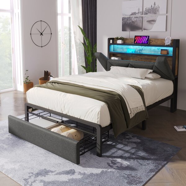 3ft Stylish Upholstered Single Bed with LED Lighting, USB Type-C Charging, Storage Bed with Headboard, Drawers, 208L x 92W x 110H cm, Grey Aosom UK