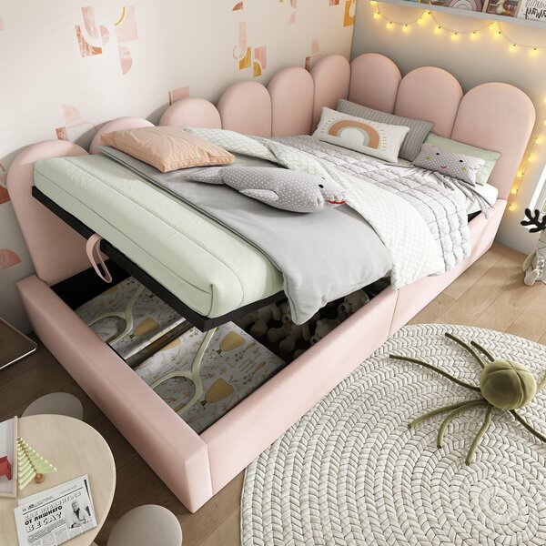 3FT Upholstered Bed with Hydraulic Storage, Metal Slatted Frame, Velvet Single Ottoman Bed for Children, 200L x 97W x 76H cm, Pink Aosom UK