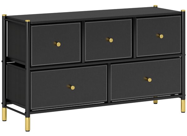 HOMCOM Chest of Drawers, 5 Drawer Fabric Dresser with PU Leather Surface, Steel Frame, Storage Organizer Unit for Bedroom Black Aosom UK