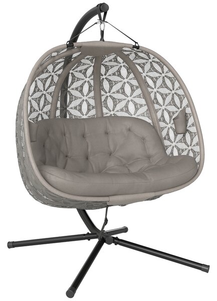 Outsunny Outdoor Double Hanging Chair, Swing Chair with Metal Stand, Thick Padded Cushion, Foldable Basket Cup Holders for Indoor Outdoor, Sand Brown