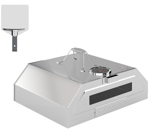 Outsunny 8 in Portable Stainless Steel BBQ Grill Top Pizza Oven with Built-in Thermometer and Viewing Window for Gas and Charcoal BBQ Grills, Includes Carry Handles, Pizza Stone and Peel, Silver Tone