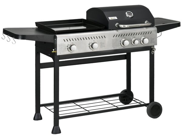 Outsunny 15 kW Gas BBQ Grill and Plancha with Side Burner, Black