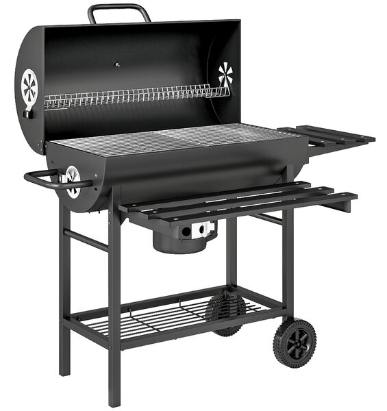 Outsunny Charcoal BBQ Grill with Foldable Front Side Shelf, Portable Barbecue Smoker with Warming Rack, Bottom Shelf, Lid, Temperature Gauge, Wheels for Outdoor Cooking Garden Party, Black