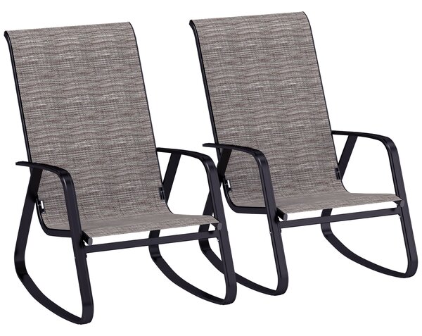 Outsunny Garden Rocking Chairs Set of 2, Ergonomic Outdoor Rocking Chairs with Armrests, High Backrest, Steel Frame Relaxing Rocker Armchair Seats for Patio, Balcony, Porch, Light Brown