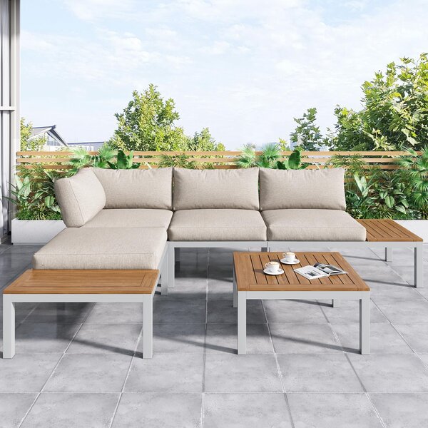 Elegant Outdoor Garden Couch Set with Wooden Table, Thick Cushions, L-Shaped Outdoor Corner Sofa for 4 People, 145L x 60W x 80H cm, Beige Aosom.UK