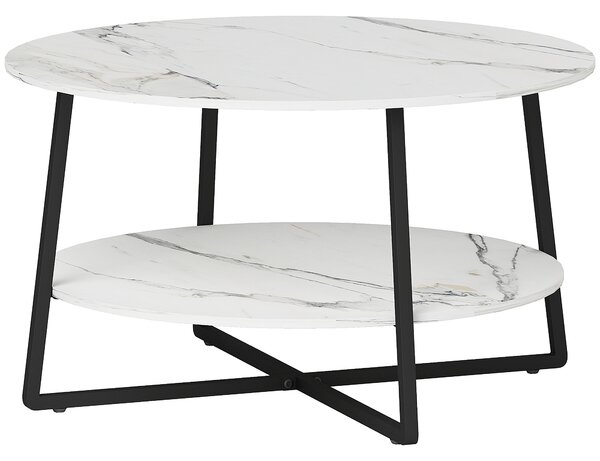 HOMCOM 2-Tier Round Coffee Table with Storage Shelf, Living Room Table with Marble Effect Top and Steel Frame, White Aosom UK