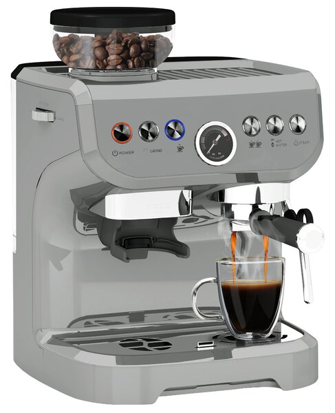 HOMCOM 15 Bar Coffee Machine, with Adjustable Grind, Steamer and Accessories - Silver Colour Aosom UK