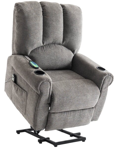 Electric Power Lift Recliner Chair with Single Motor, Heated Massage, Stand Assist, Storage Pockets, Cup Holders, 91x90x108 cm, Grey