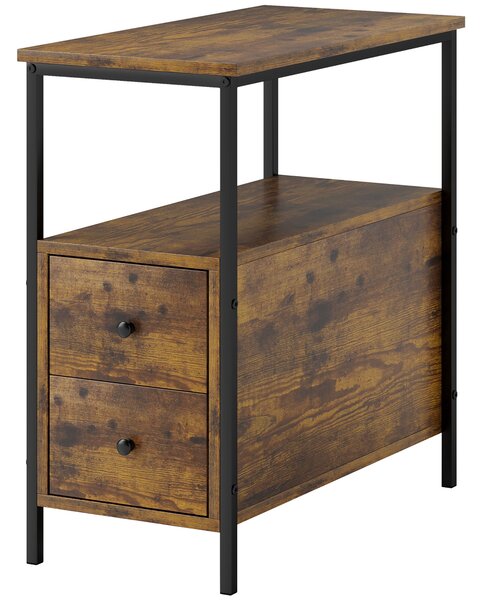 HOMCOM Side Table with 2 Drawers and Storage Shelf, Narrow End Table Bedside Table with Metal Frame for Small Spaces, Rustic Brown Aosom UK