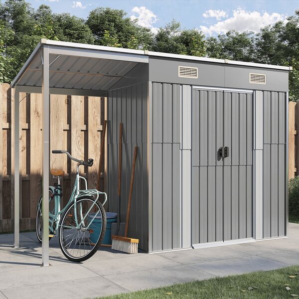 Garden Shed with Extended Roof Light Grey 277x110.5x181 cm Steel