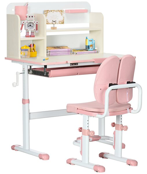 HOMCOM Kids Desk and Chair Set, Height Adjustable Kids School Desk & Chair Set w/ Shelves, Washable Cover, Anti-Slip Mat, for Kids 3-12, Pink