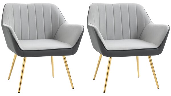 HOMCOM Velvet Armchairs, Upholstered Accent Chairs with Golden Steel Legs, Modern Vanity Chairs for Living Room and Bedroom, Set of 2, Light Grey