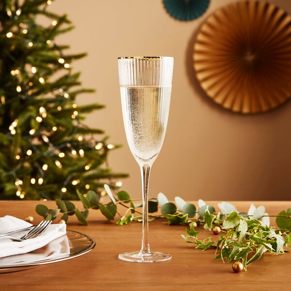 Dunelm Gold Rim Ribbed Champagne Flute Glass Clear