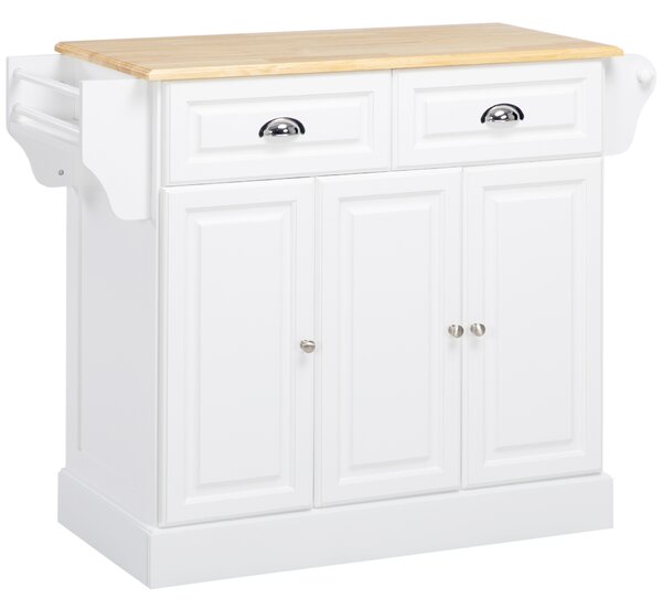 HOMCOM Kitchen Island with Storage Rolling Kitchen Serving Cart with Rubber Wood Top Towel Rack Storage Drawer Cabinet White