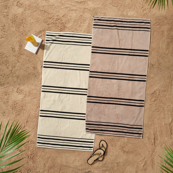 Pack of Two Catherine Lansfield Banded Stripe Cotton Beach Towel Cream