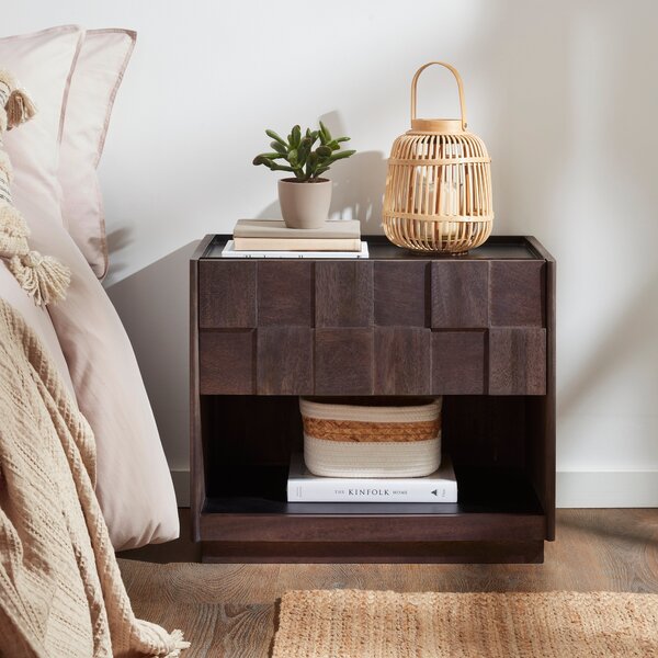 Kanpur 1 Drawer Wide Bedside Table, Dark Stained Mango Wood Dark Stained Wood