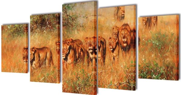 Canvas Wall Print Set Lions 100 x 50 cm