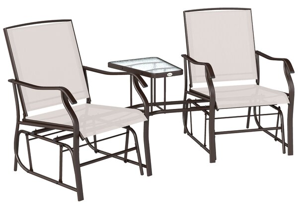 Outsunny Garden Double Glider Rocking Chairs Gliding Love Seat with Middle Table Conversation Set Patio Backyard Relax Outdoor Furniture Beige