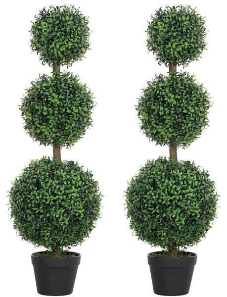 HOMCOM Set of 2 Decorative Artificial Plants, Topiary Ball-shaped Boxwood Trees in Pot, Fake Plants for Home Indoor outdoor Decor, 100cm, Green