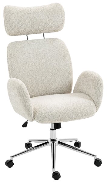 HOMCOM Office Chair with Adjustable Headrest, Spring Pack, Curved Line, Boucle Fabric - Pale Grey