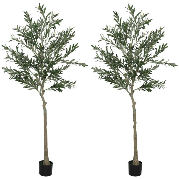 HOMCOM Set of 2 6ft/ 180cm Decorative Artificial Plant, Silk Olive Tree with 900 Leaves and 40 Olive Fruits in Pot, Fake Plant for Home, Office, Living Room, Indoor Decor
