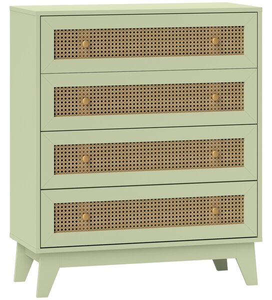 HOMCOM Chest of Drawers, 4-Drawer Storage Organiser Unit with Rattan Element for Bedroom, Living Room, Light Green