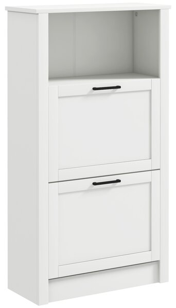 HOMCOM Modern Shoe Cabinet with 2 Flip Drawers and Adjustable Shelves, Narrow Shoe Storage Cabinet with Open Compartment, Holds 10 Pairs for Entryway, Hallway, White