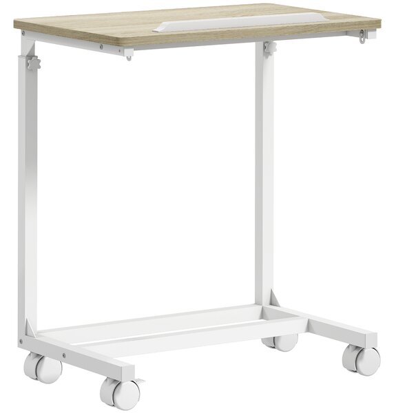 HOMCOM C-Shaped Sofa Side Table, Height Adjustable Overbed Table with Tilting Desktop, Mobile Laptop Desk for Living Room Bedroom, Oak and White