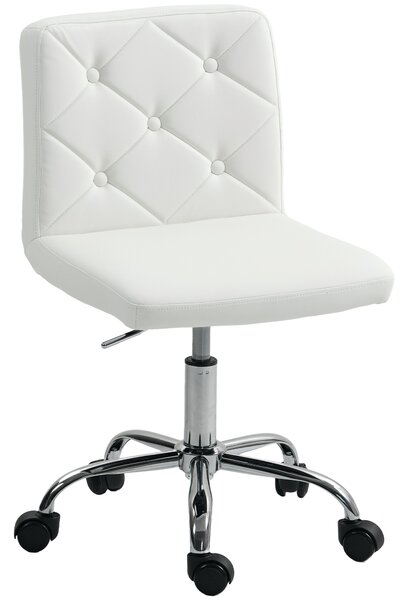 HOMCOM PU Leather Armless Office Chair, Modern Vanity Computer Swivel Chair with Rolling Wheels and Adjustable Height for Home Study, Bedroom, White