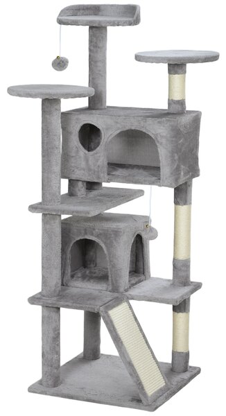 PawHut 138cm Cat Tree, Multi-Level Cat Tower with Scratching Posts and Pad, Bed, Condos, Platforms, Toy Balls, Light Grey