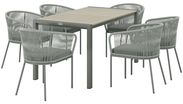 Outsunny Rattan Dining Set, 6 Seater Rattan Garden Furniture Set with Acacia Wood Top Rectangle Table, 6 Chairs, Washable Seat Cushions, for Outdoor, Patio, Conservatory, Grey