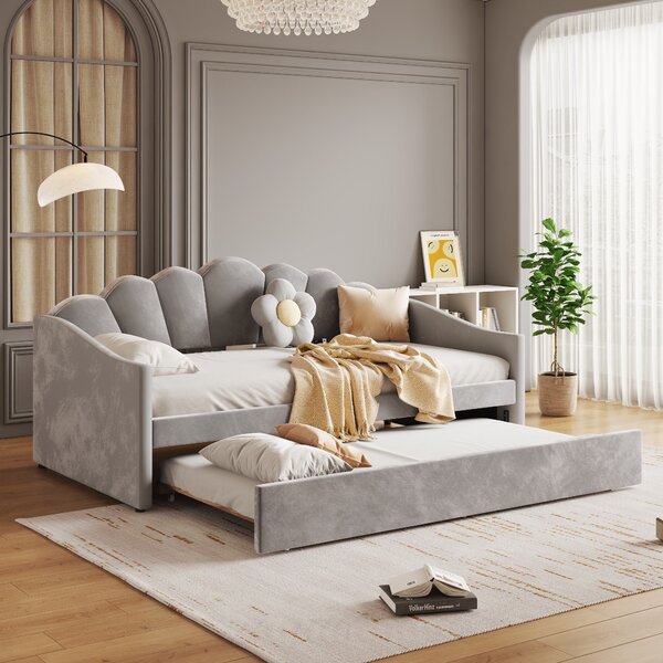 Upholstered Single Sofa Bed with Trundle, Velvet Sofa Bed Sleeper with Scalloped Cushion, Daybed Sofa Bed with Storage, 202x190x95 cm, Gray Aosom.UK