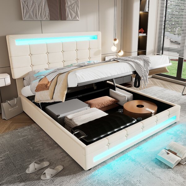 Hydraulic Lift Double Bed Frame with Storage, LED Light, Iron Frame, Upholstered Velvet Fabric Bed with Wood Slats, 199x150x123 cm, Beige Aosom.UK