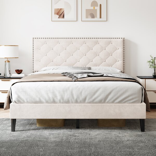 Upholstered Velvet Bedstead with Button-Tufted Headboard, Noise-Free Design, Wood Double Bed for Bedroom, 193L x 141W x 110H cm, Beige Aosom.UK