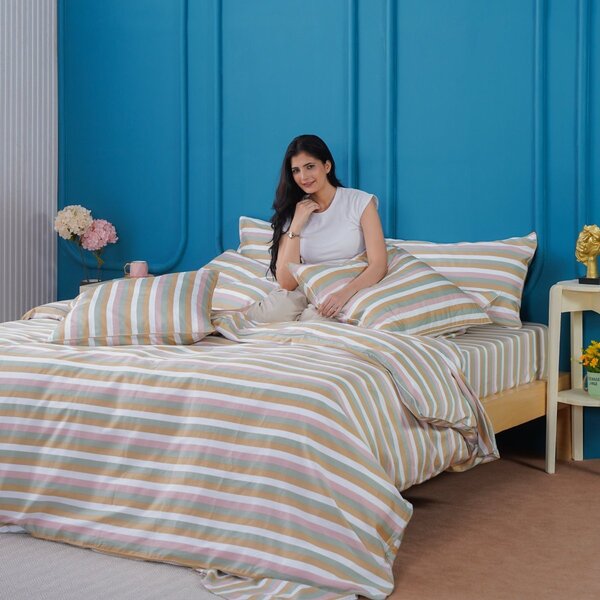Ella Cotton - Serene Striped Duvet Cover, Fitted Sheet & Pillowcases Set, Double