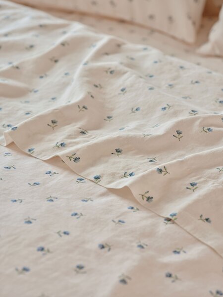 Dusk Blue Posy Bud Linen Blend Flat Sheet | Single | Piglet in Bed