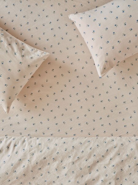 Dusk Blue Posy Bud Linen Blend Fitted Sheet | Double | Piglet in Bed