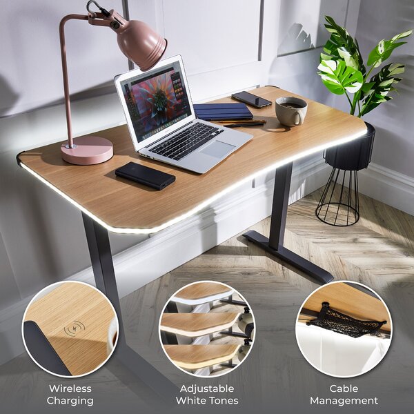 XR Living Oka Office Desk with LED Lights and Wireless Charging Oak