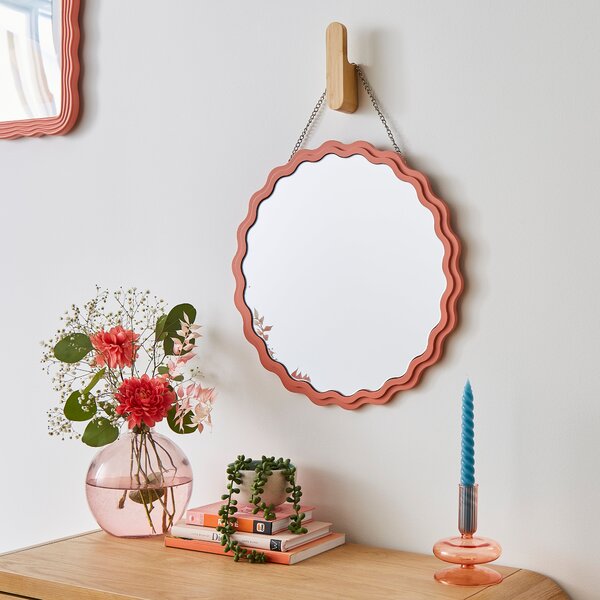 Wavy Round Hanging Wall Mirror Clay (Red)