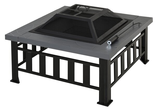 Outsunny Metal Large Firepit Outdoor Square Fire Pit Brazier w/ Rain Cover, Lid, Log Grate for Backyard, Camping, BBQ, Bonfire, 86 x 86 x 54cm, Black