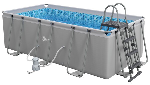 Outsunny Rectangle Steel Frame Swimming Pool with Ladder and Pump - Grey