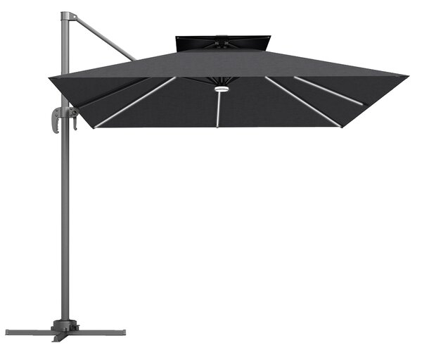 Outsunny 2.5m Cantilever Parasol with Solar Powered LED Lights, 360° Rotation, Tilt Adjustment, Crank Handle, Dark Grey