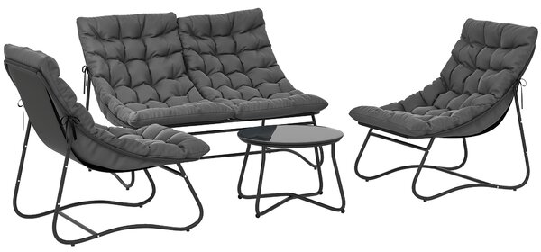 Outsunny 4 Seater Garden Furniture Set, Conversation Set with Loveseat Sofa, Chairs, Glass Coffee Table, Thick Cushions, Steel Outdoor Sofa for Balcony, Poolside, Conservatory, Grey