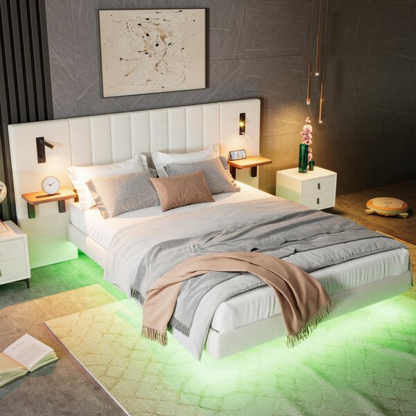 Upholstered Double Bed with Headboard, Charging Socket, Rotatable Bedside Lamps, Suitable for Bedroom, 222L x 209W x 103.5H cm, White Aosom.UK