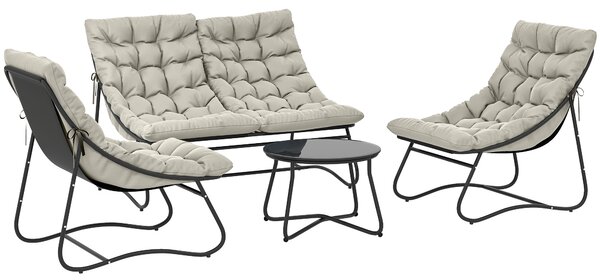 Outsunny 4 Seater Garden Furniture Set, Conversation Set with Loveseat Sofa, Chairs, Glass Coffee Table, Thick Cushions, Steel Outdoor Sofa for Balcony, Poolside, Conservatory, Light Grey