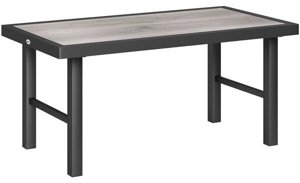 Outsunny Metal Garden Coffee Table, Outdoor Side Table with SPC Woodgrain Tabletop for Outside, Garden, Balcony, Porch, 100 x 53 x 46cm, Grey Wood Effect