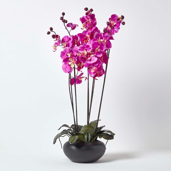 Lifelike Cerise Pink Artificial Orchid in Ceramic Black Bowl